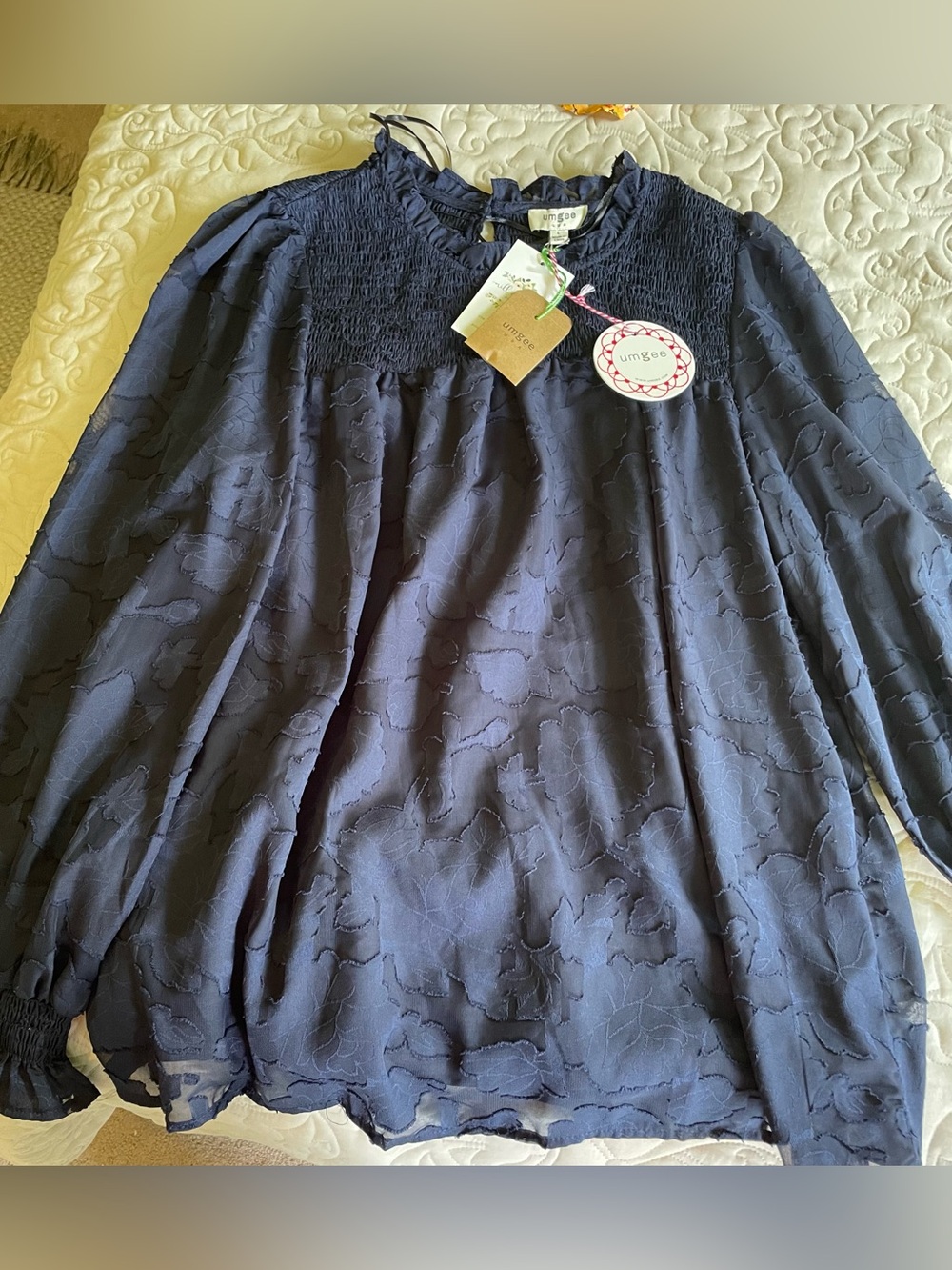 Umgee Navy Floral Jacquard Smocked Yoke Blouse